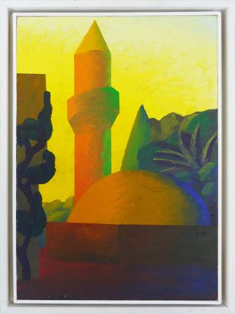 Salvo, Minareto, Anni 90 del XX secolo, Olio su cartone intelato, 35 × 25 cm