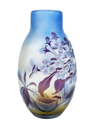 Émile Gallé, Blue, White and Orange Glass Vase with Flowers, ca. 1900, 19 × 11 × 8 cm