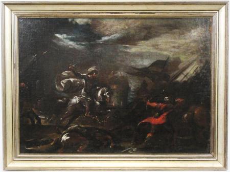 ANCIENT PAINTING BATTLE OF 17TH CENTURY CIRCLE OF MATTHIAS STOMER