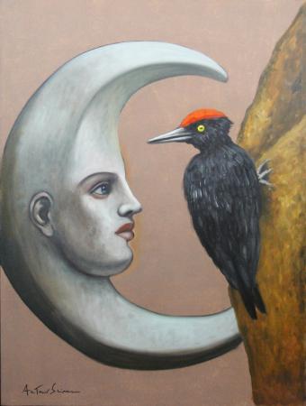 ANTONIO SCIACCA PAINTING OIL ON CANVAS THE MOON IN HARMONY WITH NATURE