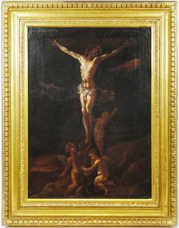ANTIQUE GENOESE SCHOOL PAINTING - CRUCIFIXION - OIL ON CANVAS - 17TH CENTURY