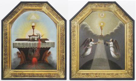 Pair of ancient 18th century paintings with religious and Rosicrucian symbolism