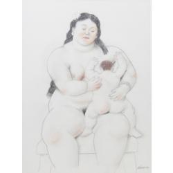 Fernando Botero, Mamma che Allatta con Fiocco Bianco, 2006, Tecnica mista su carta, 41 × 31 cm
