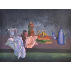 Salvo, Natura Morta (Morandi), 1980, Olio su tavola, 70 × 90 cm