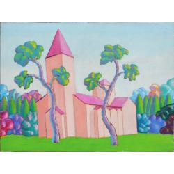 Salvo, Paesaggio con Chiesa, 1979, Olio su tela, 30 × 40 cm