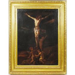ANTIQUE GENOESE SCHOOL PAINTING - CRUCIFIXION - OIL ON CANVAS - 17TH CENTURY