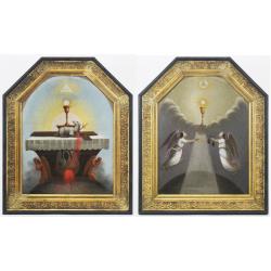 Pair of ancient 18th century paintings with religious and Rosicrucian symbolism