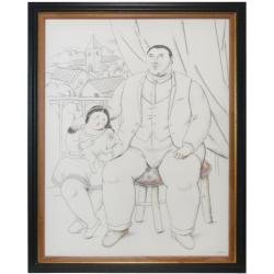 Fernando Botero - Man with little girl and cat - Mixed media on canvas