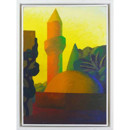 Salvo, Minareto, Anni 90 del XX secolo, Olio su cartone intelato, 35 × 25 cm