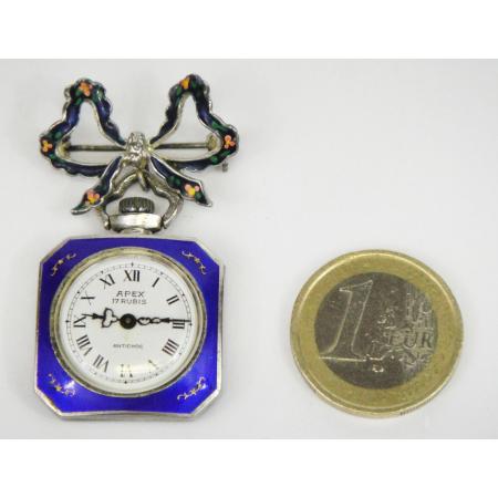 OLD APEX SILVER ENAMEL PIN WATCH MECHANICAL HAND WINDING MOVEMENT - photo 2