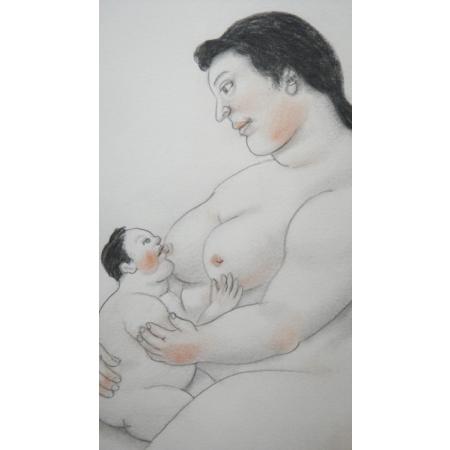 Fernando Botero - Mamma che allatta - Tecnica mista su carta - foto 3